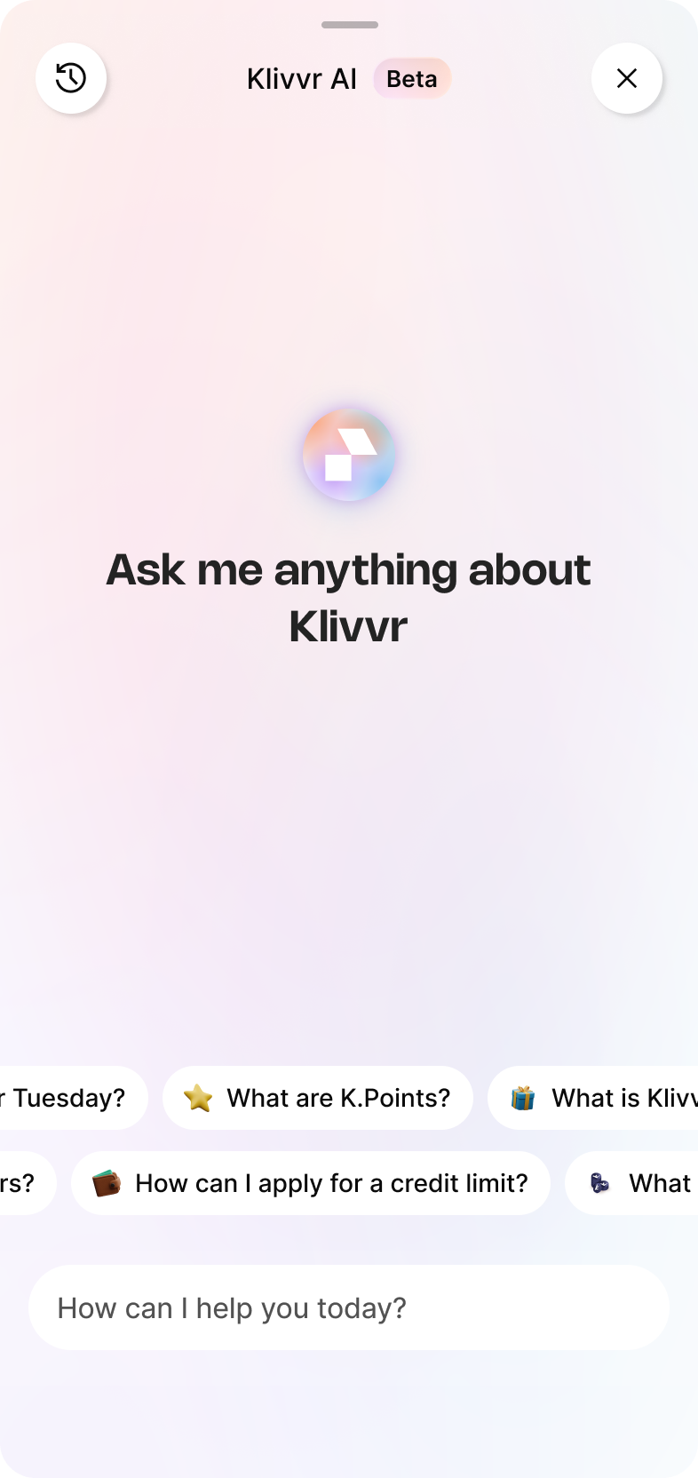 Klivvr AI assistant screen reading Ask me anything about Klivvr