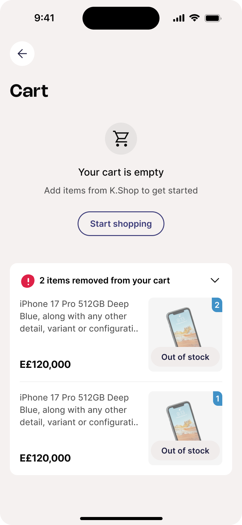 Empty cart screen inviting the user to start shopping, with a disclosure that two out-of-stock items were removed from the cart