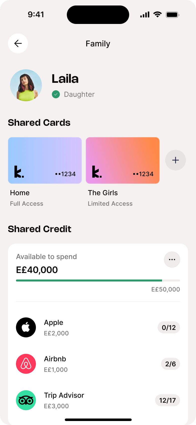 Family member screen showing shared cards labeled Full Access and Limited Access, plus shared credit spending by merchant