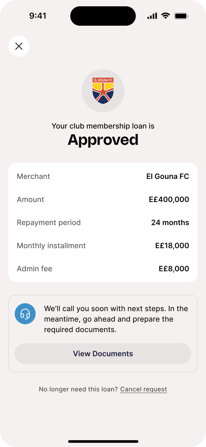 Loan approved screen showing a club membership loan for El Gouna FC with a clear repayment breakdown