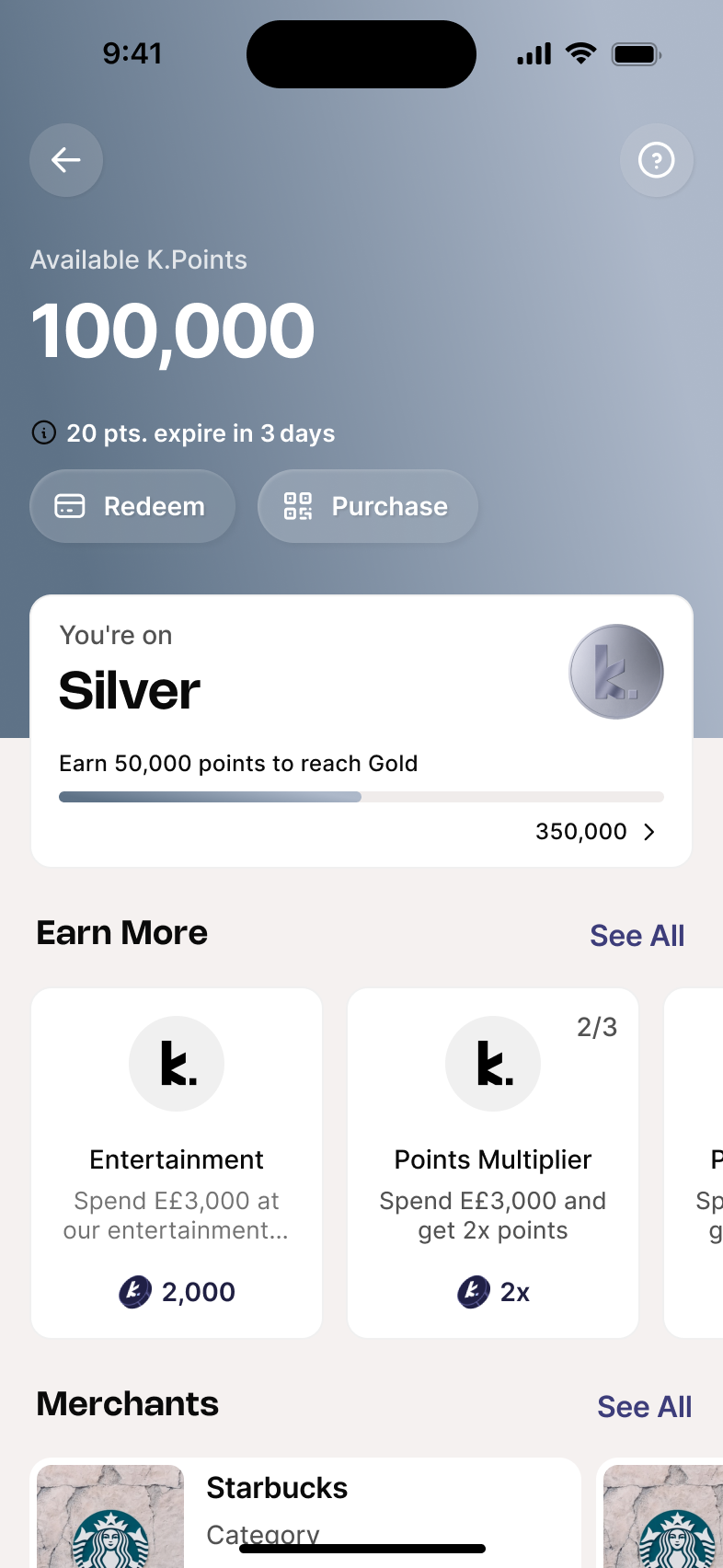 K.Points balance and tier progress screen showing Silver tier progress toward Gold, with ways to earn more points