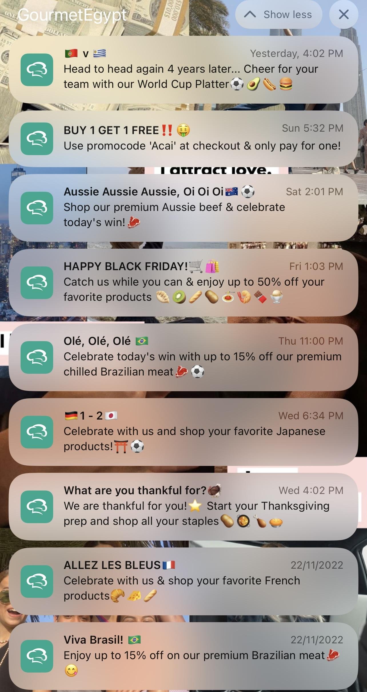 A series of Gourmet Egypt push notifications tied to World Cup matches, Black Friday, and Thanksgiving
