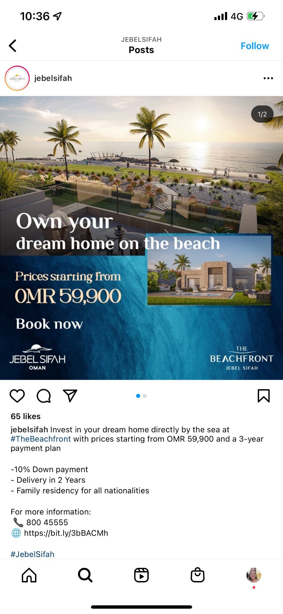 Jebel Sifah Instagram post reading Own your dream home on the beach, starting from OMR 59,900