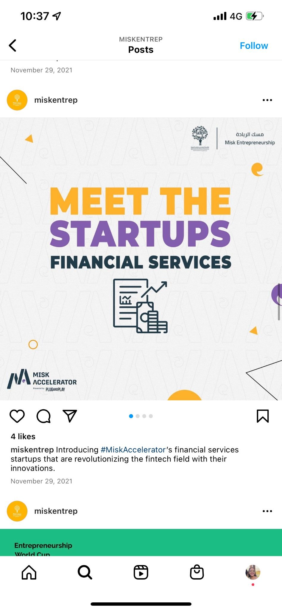 Misk Entrepreneurship Instagram post introducing financial services startups