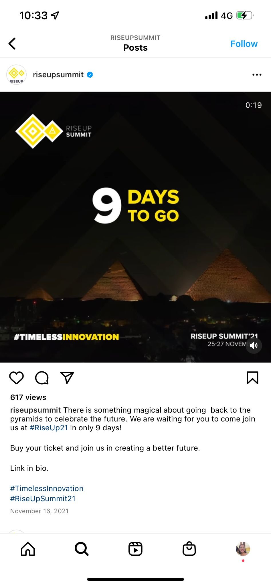 RiseUp Summit Instagram post counting down 9 days to go, set against the Giza pyramids at night