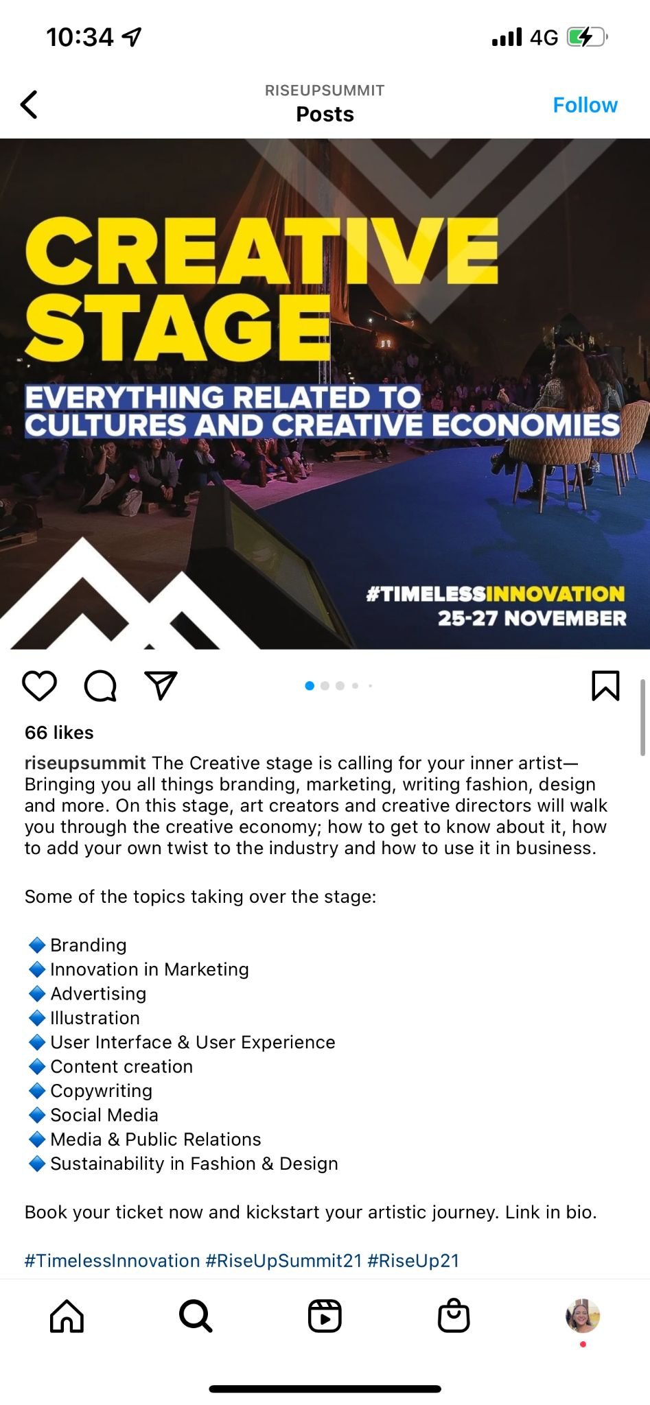 RiseUp Summit Instagram post introducing the Creative Stage, covering branding, writing, and design