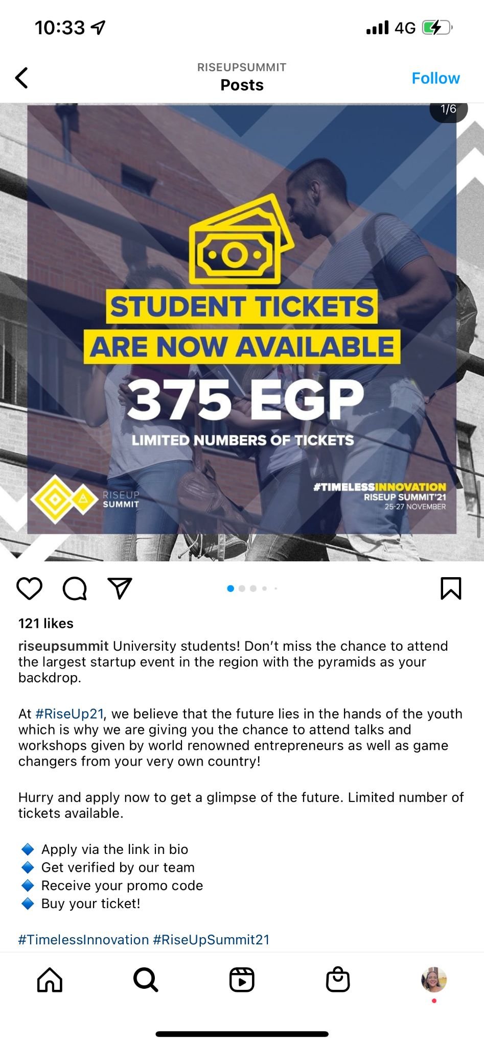 RiseUp Summit Instagram post announcing student tickets for 375 EGP